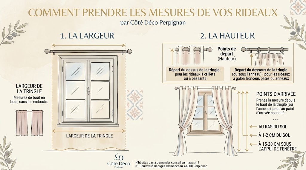 Schéma d'aide à la prise de mesures pour rideaux - Côté Déco Perpignan