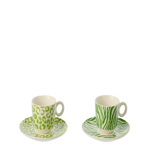 Boite De 2 Tasse + Sous-Tasse Leopard + Zèbre Porcelaine Vert/Blanc Small