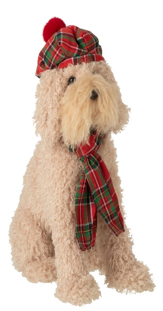 Chien + Béret + Foulard Tissu Beige/Rouge Noël